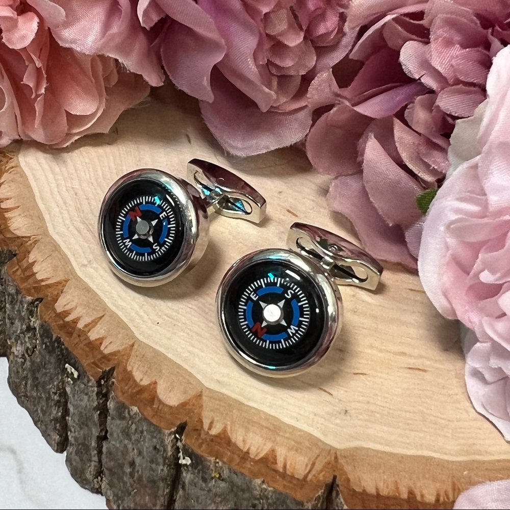 Unique Round Black and Blue Navigation Compass Silver Cufflinks - Picture 7 of 17